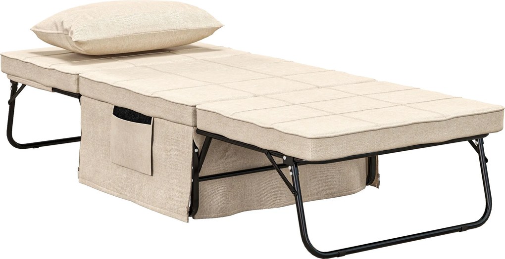 Sofá Cama 4 em 1 Estofado em Linho com Encosto Ajustável em 5 Níveis e Almofada Acolchoada 75x80x74 cm Creme