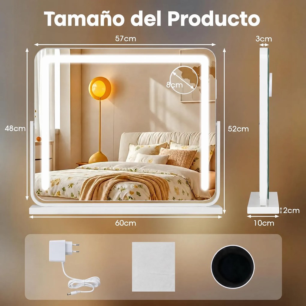 Espelho de Maquilhagem Giratório, 60 x 10 x 52 cm, Iluminação LED Ajustável, Branco