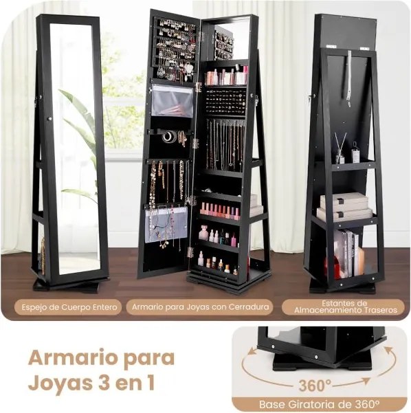 Armario jóias rotativo de 360° com espelho de corpo inteiro Organizador de jóias com espelho de maquilhagem 38 x 38 x 161 cm Preto