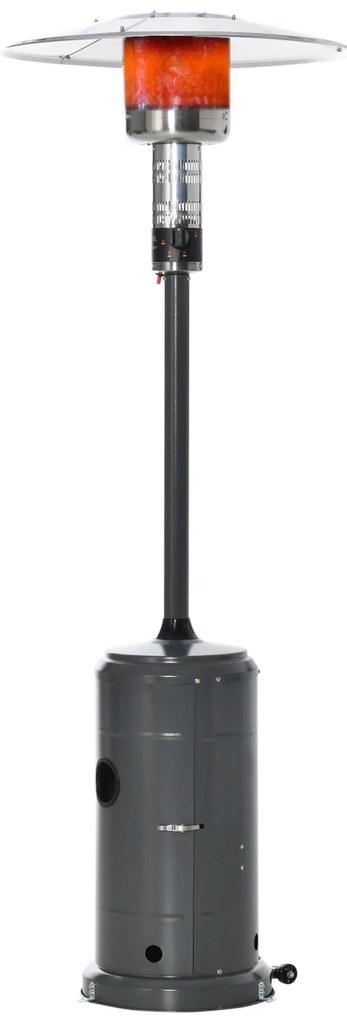 Outsunny Aquecedor de gás para varanda 12,5KW Tipo guarda-sol Aquecedor de pátio com desligamento automático rodas e cobertura Ø81,5x225 cm Cinza carvão