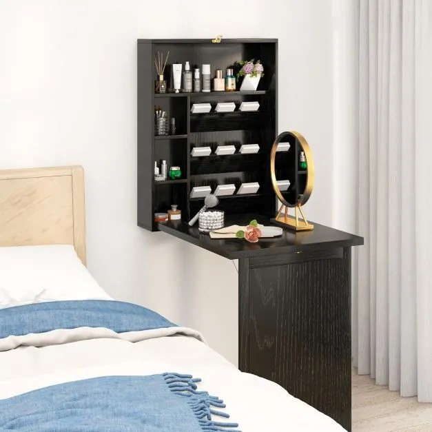 Secretária parede dobrável conversível com divisória de 3 níveis e prateleiras ajustáveis, Economiza espaço 60 x 94,5 x 151 cm Preto