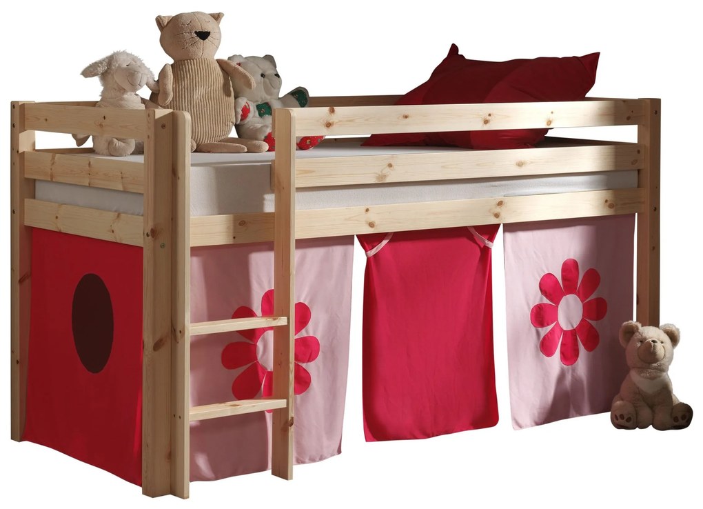 Conjunto Cama alta de Criança PINO 90 x 200 cm + estrado + escada + cortina Flores Natural