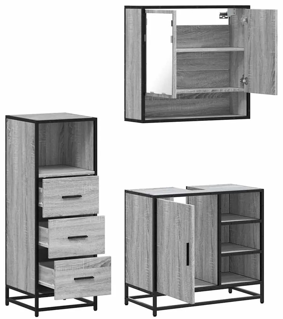 3 pcs Conjunto móveis casa de banho madeira proc. cinza sonoma