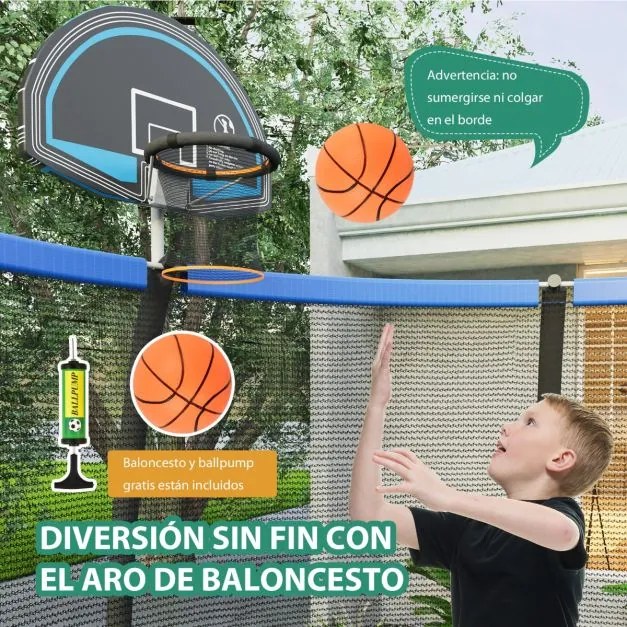 Trampolim ao ar livre 245 cm com cesto de basquetebol, almofada de segurança e escada para crianças e adultos azul e preto