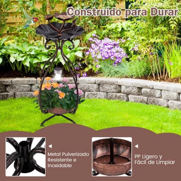 Conjunto Vintage de Banheira e Comedouro para Pássaros com Floreira com Pedestal e Luzes Solares Banheira Decorativa para Pássaros para Jardim - Bronz