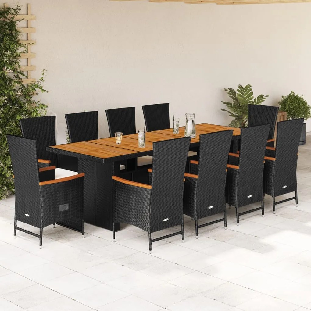 vidaXL 11 pcs conjunto de jantar p/ jardim c/ almofadões vime PE preto