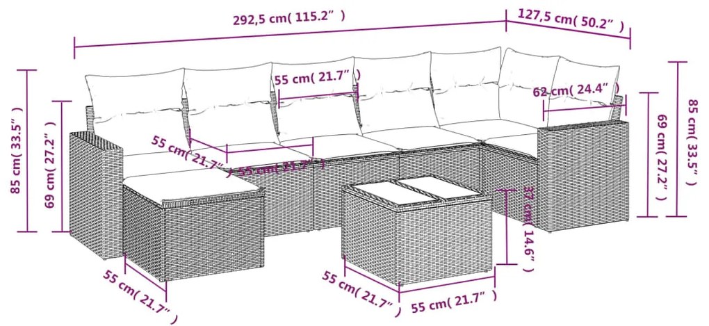 8 pcs conjunto sofás de jardim c/ almofadões vime PE castanho