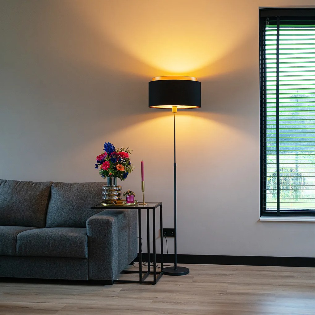 Candeeiro de pé moderno preto com duplo abajur dourado - Parte