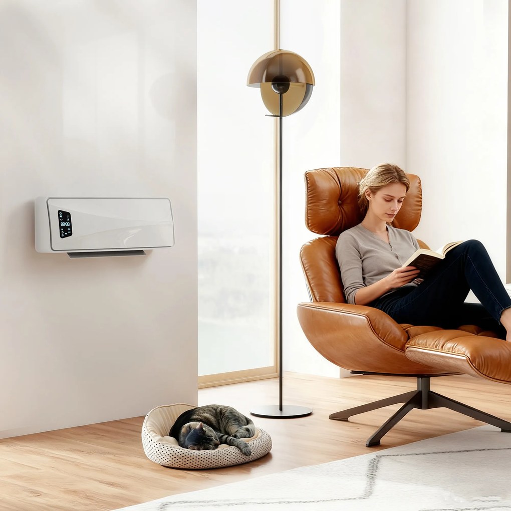 Aquecedor Elétrico de Baixo Consumo de Parede 2000W com 3 Modos Ecrã LED Termostato Temporizador e Oscilação 54x18,7x14,5 cm Branco