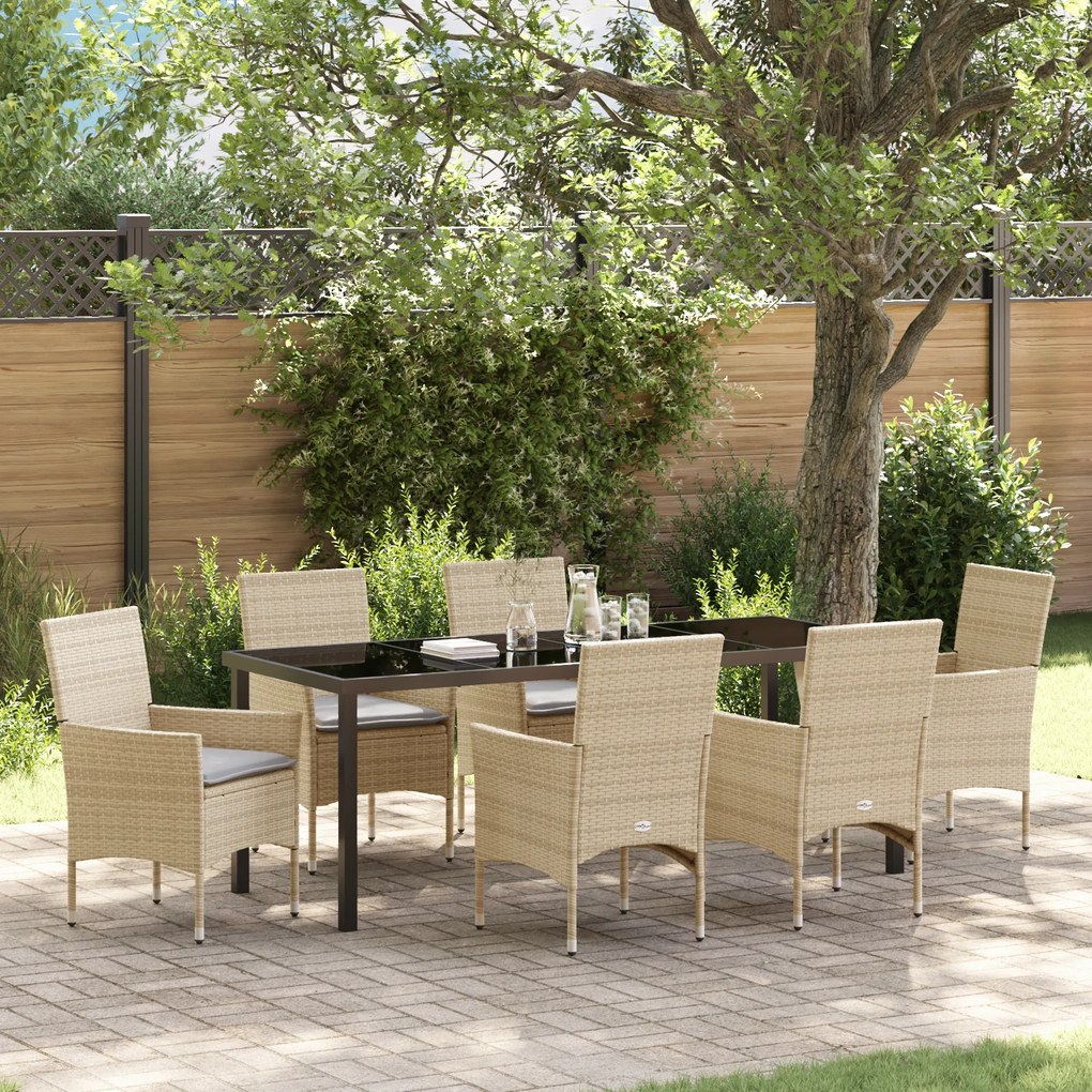 Conjunto de Jantar vidaXL de 7 Peças com Almofadas Bege Rattan Poliéster