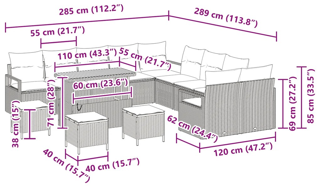 Conjunto de Sofá de Jardim vidaXL de 14 Peças com Almofadas Cinza Ratt