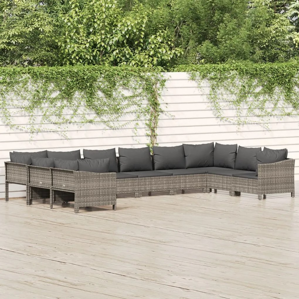 10 pcs conjunto lounge de jardim c/ almofadões vime PE cinzento