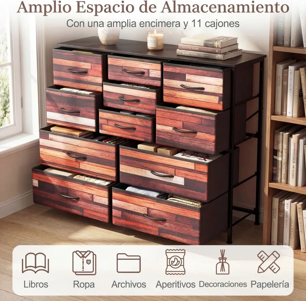 Cómoda de 11 gavetas com gavetas em tecido 100 x 30 x 82 cm, estrutura metálica, organizador para quarto Preto + Castanho