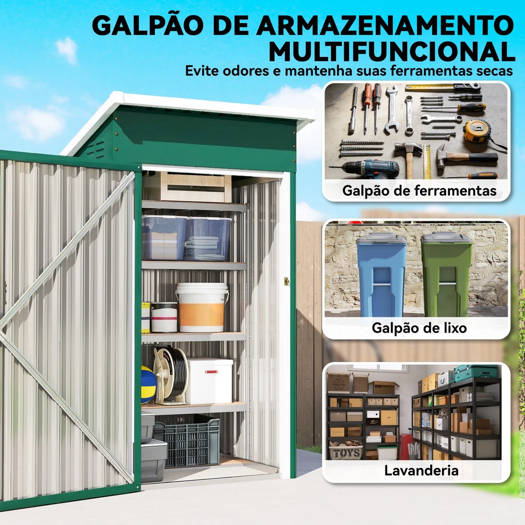 Abrigo Exterior Metálico 107,5x91x185 cm Abrigo de Jardim com Teto Inclinado Porta com Trinco Ventilação e Luvas Verde