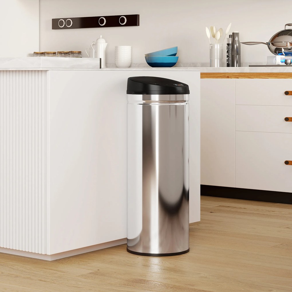 Caixote do lixo automático para cozinha de 50 L em aço inoxidável, com tampa de fecho suave, 30,5 x 30,5 x 85 cm, prateado