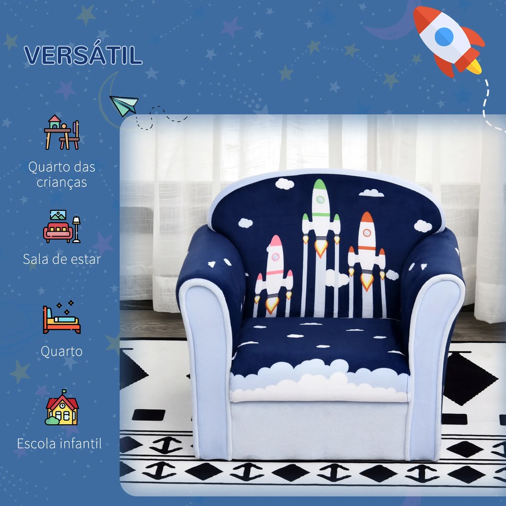 HOMCOM Poltrona para Crianças acima de 3 Anos com Desenhos de Foguete Estrutura de Madeira e Estofado em Flanela 50x39x44 cm Azul