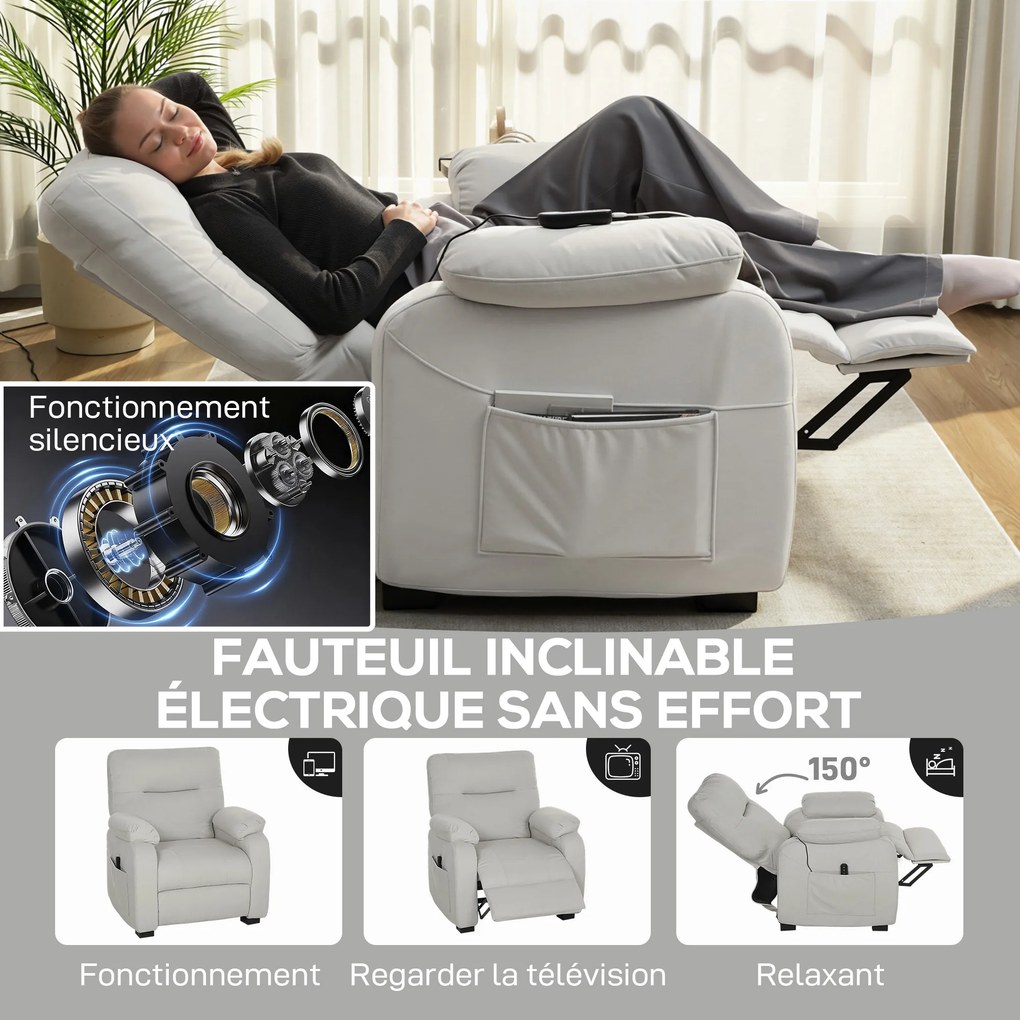 Poltrona relax elétrica, poltrona reclinável, porta USB, apoio para os pés, bolsos laterais, comando à distância, 96 x 90 x 103 cm
