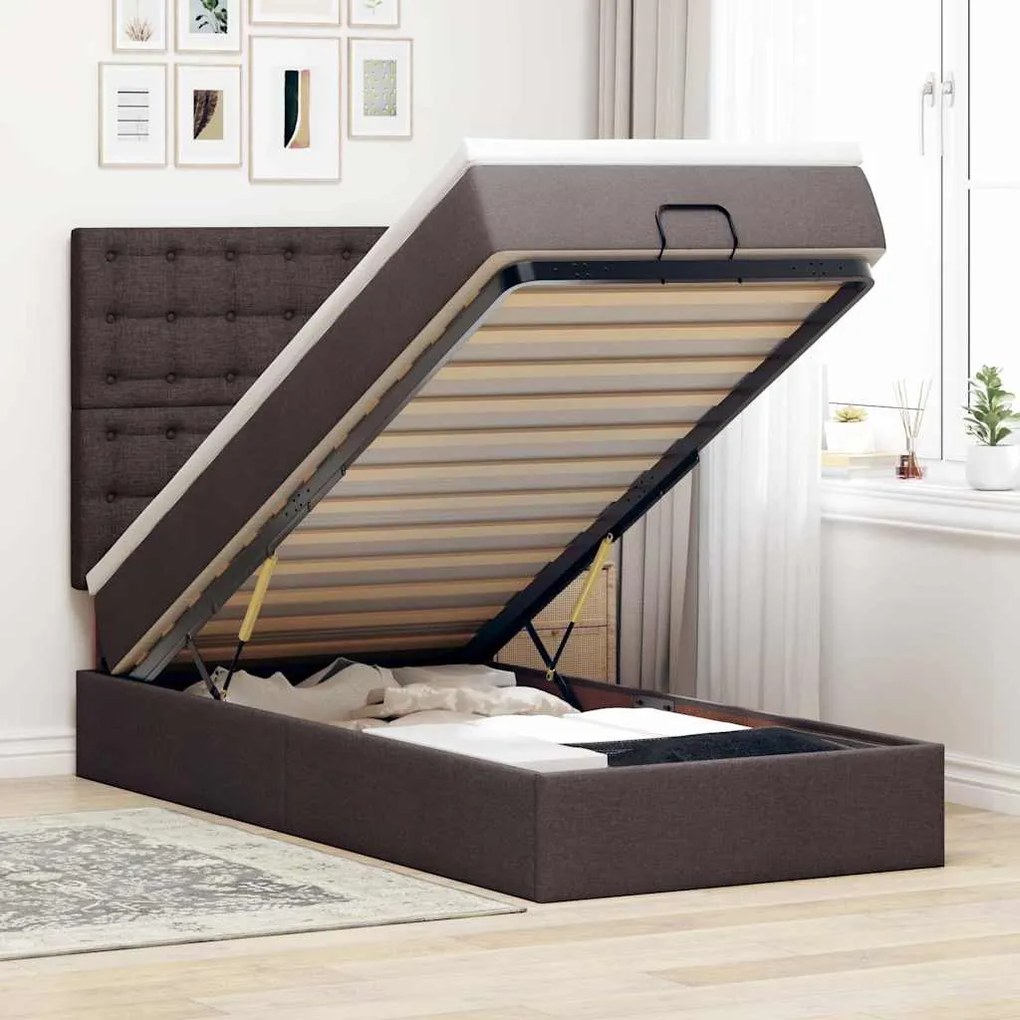 vidaXL Cama otomana com colchão 100x200 cm tecido castanho escuro