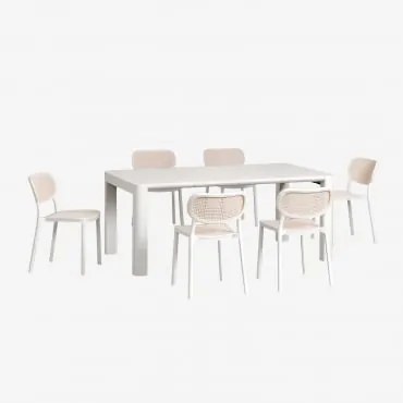 Conjunto De Mesa Retangular 180x100 Cm Arnadine E 6 Cadeiras De Jardim Empilháveis Em Polipropileno Omara Gardénia Branco - Sklum