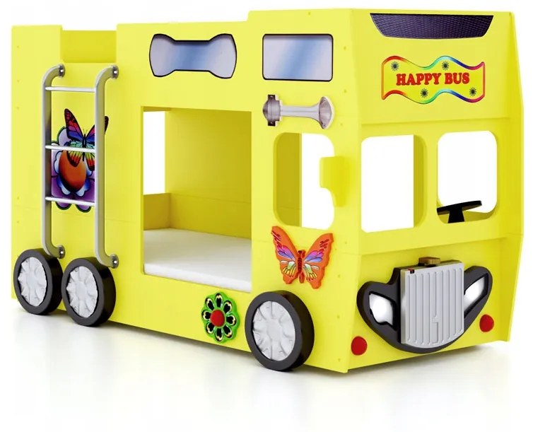 Cama para criança Beliche Autocarro 207 x 116 x 150 cm com Luzes LED 2 colchões e estrados incluídos, capacidade de 100 kg Amarelo