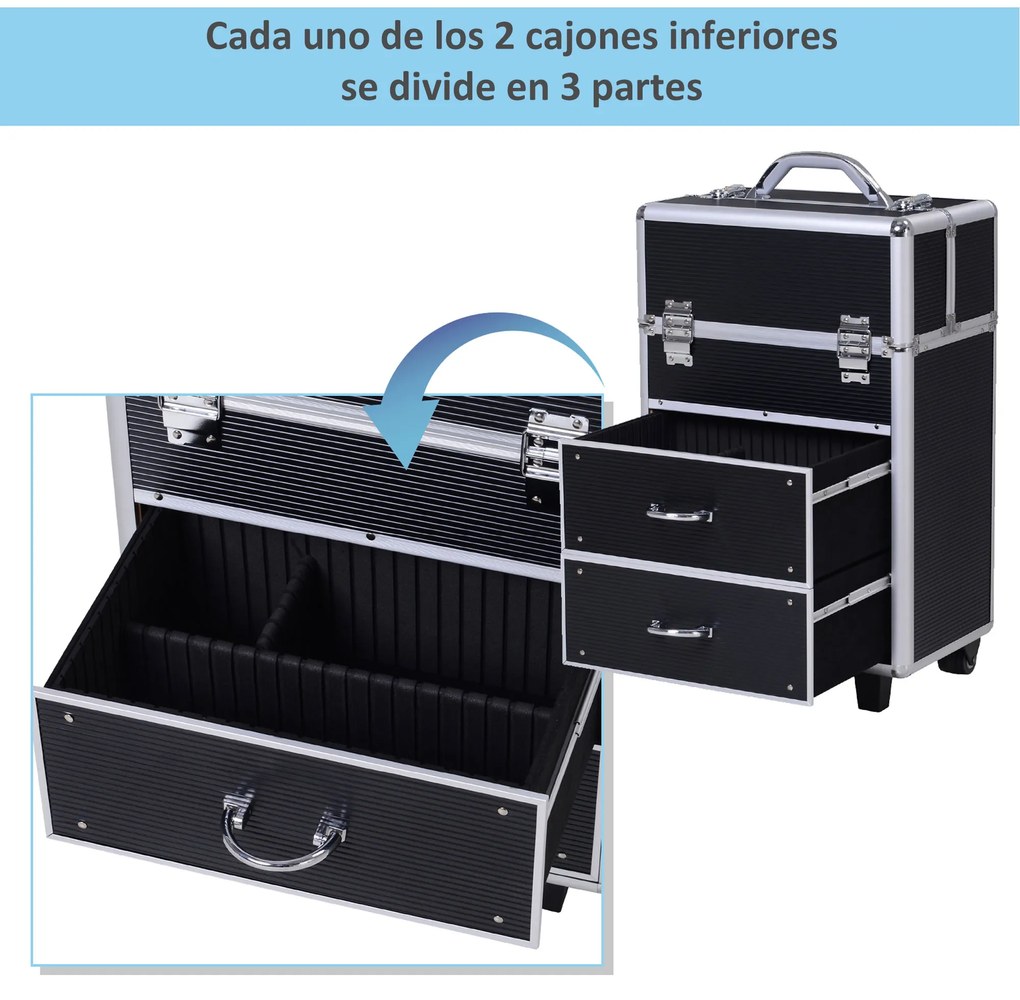 HOMCOM Estojo de maquiagem portátil Estojo profissional de cosméticos com 6 gavetas extensíveis, fechadura, rodas e alça retrátil 36x23x58 cm preta