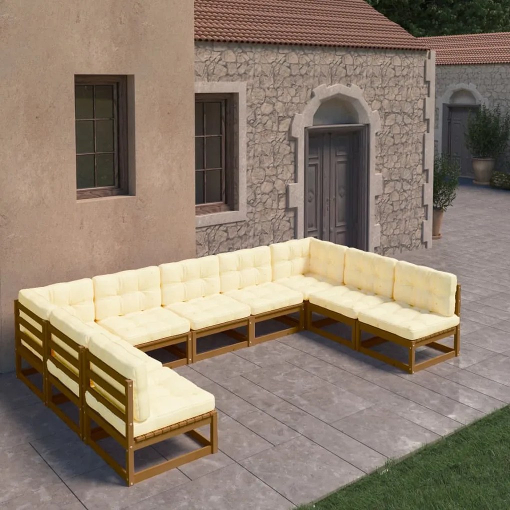 vidaXL 9pcs conj. lounge jardim e almofadões pinho maciço castanho mel
