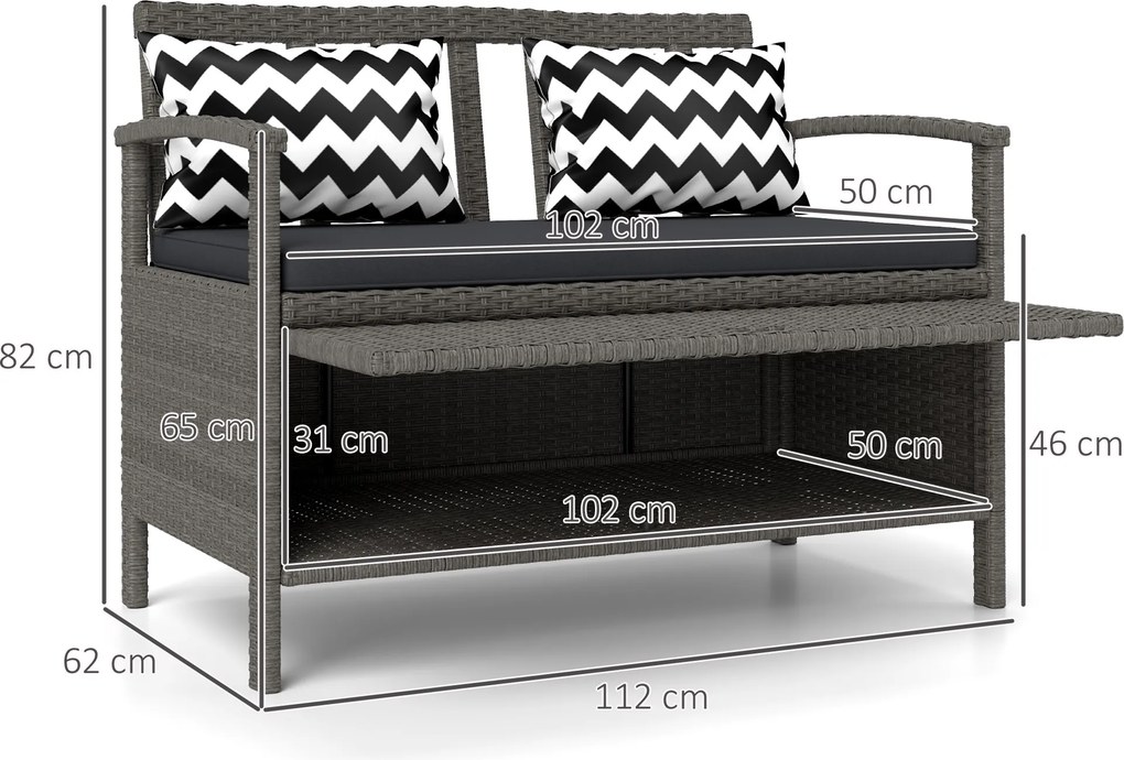 Banco de jardim 112 x 62 x 82 cm de 2 lugares com arrumação de 160 L em rattan PE, com almofada e 2 travesseiros, , cinzento