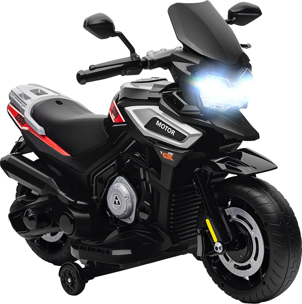 AIYAPLAY Moto elétrica infantil 6 V, carro elétrico infantil com rodas de treino, música, efeitos luminosos, preto | Aosom Portugal