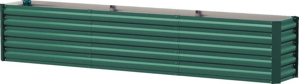 Floreira de horta elevada em aço galvanizado 240 x 40 x 45 cm, com barras de suporte e placas de canto, fundo aberto, verde