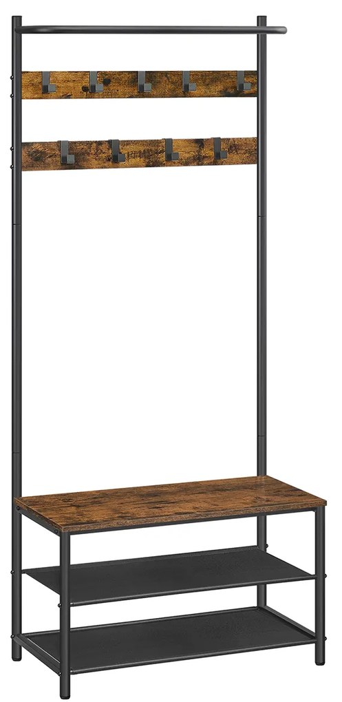 Cabideiro com 9 ganchos removíveis e banco, design industrial | VASAGLE | 64 x 32.2 x 180 cm | marrom/preto vintage | HSR411B01.