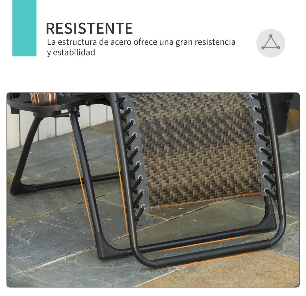 Outsunny Espreguiçadeira dobrável de vime com encosto ajustável Apoio de cabeça removível Suporte para copos e telefone Jardim Terraço 65x70x110 cm Cinza
