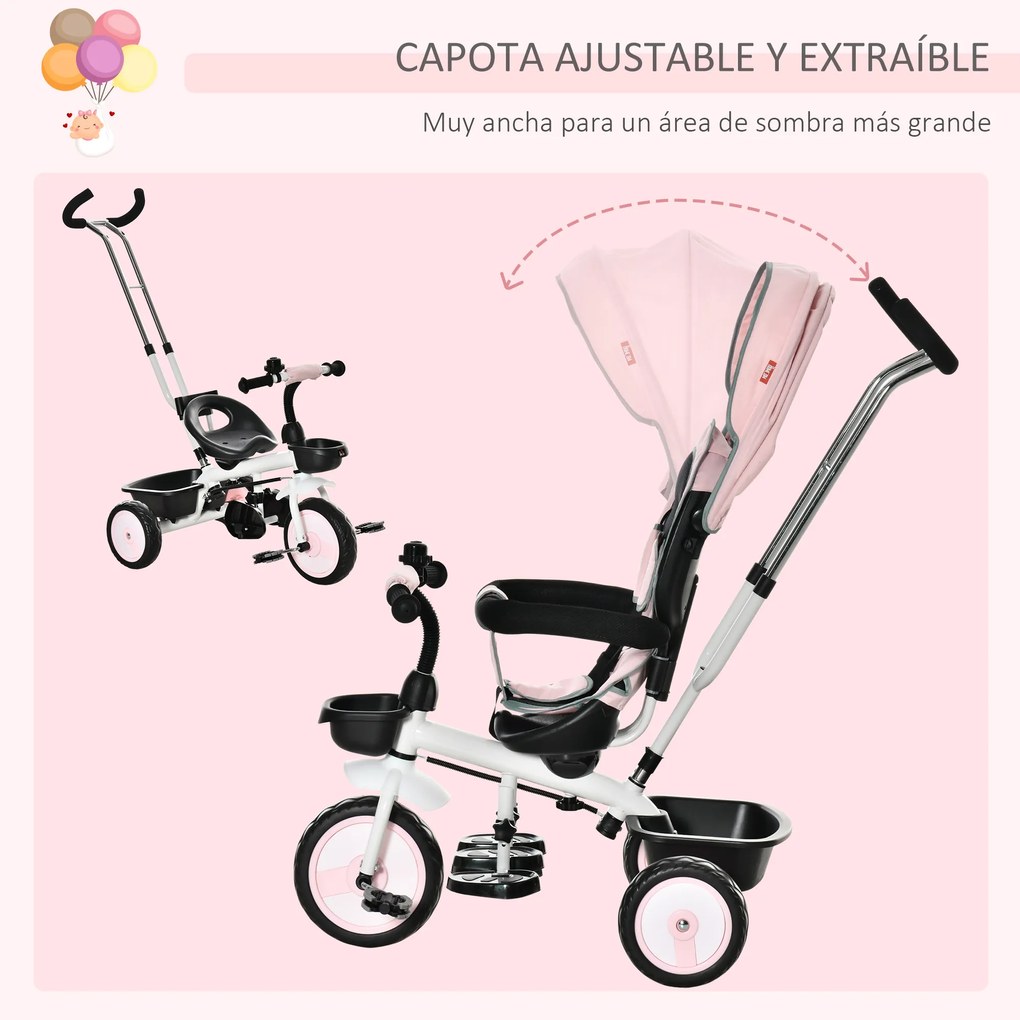 HOMCOM Triciclo para Bebé 2 em 1 Triciclo Evolutivo para Crianças de 1-5 Anos com Capô Dobrável Guiador Telescópico Grade de Proteção Removível e Apoio para os Pés 100x48x106cm Rosa