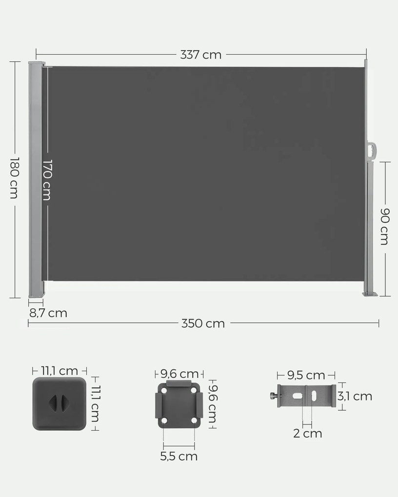 Toldo lateral de jardim, varandas, terraço extensivel 180 x 350 cm cinzento