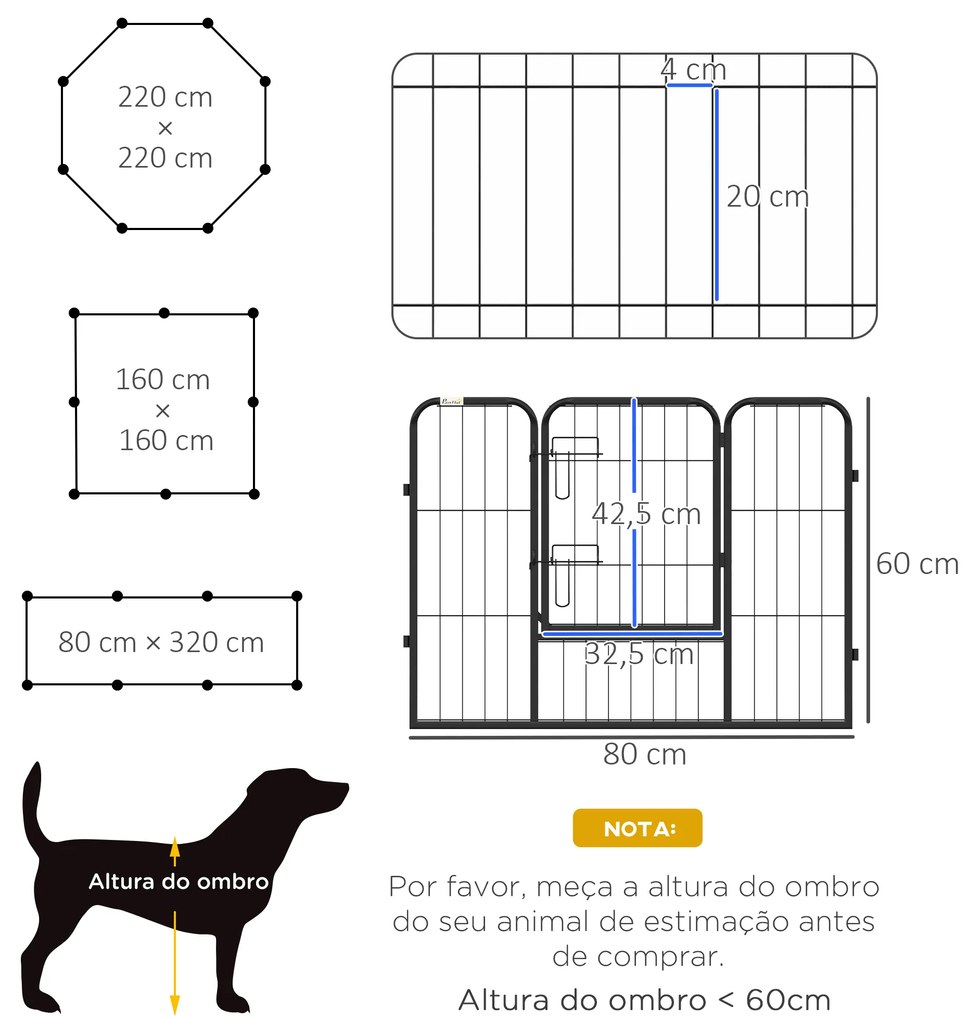 Parque para Animais de Estimação 8 Paineis 80x60cm Gaiola para Cães de Metal com Porta e Dupla Fechadura Preto