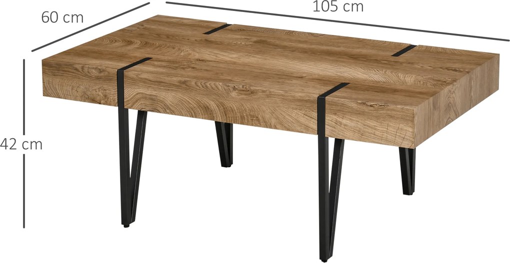 Mesa de centro retangular de estilo industrial, com pés em forma de alfinete de metal preto e tampo em madeira com aspeto envelhecido