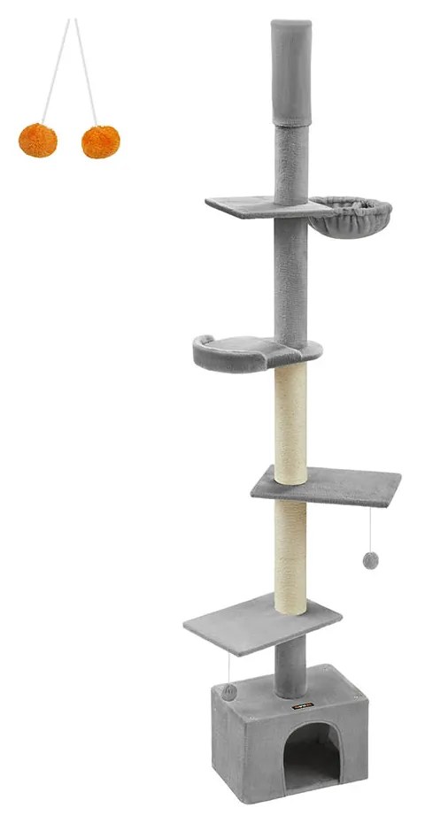 Arranhador para gatos com altura até ao teto 231-291 cm, ajustável em altura, cinzento claro