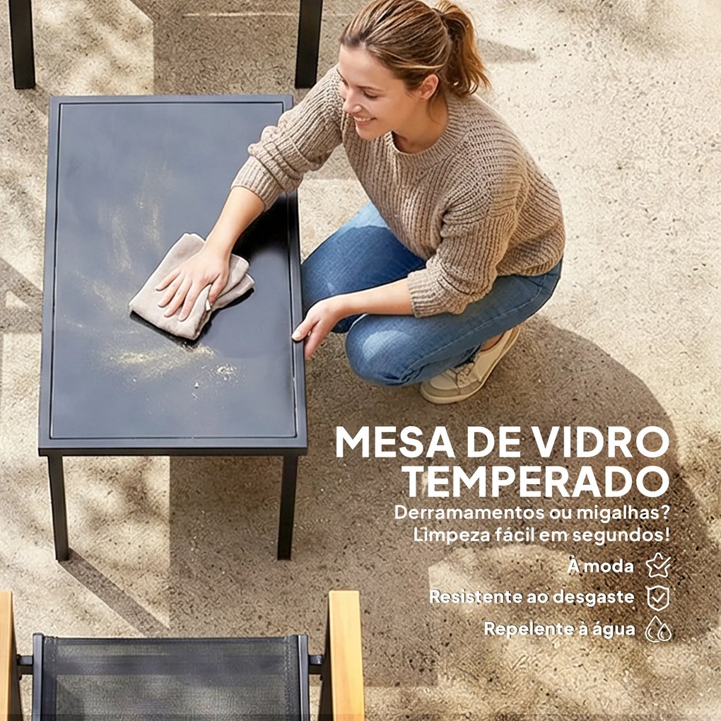 Conjunto de Jardim Exterior de 4 Peças com Sofá de 2 Lugares 2 Cadeiras e Mesa de Vidro Temperado Tecido Textilene Preto