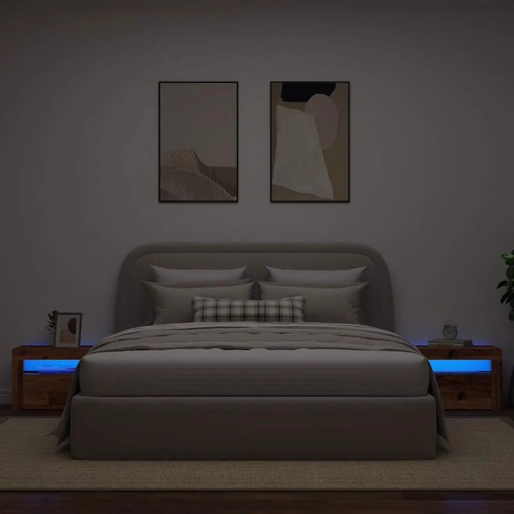 Mesas cabeceira c/ luzes LED 2 pcs 60x35x40 cm madeira velha