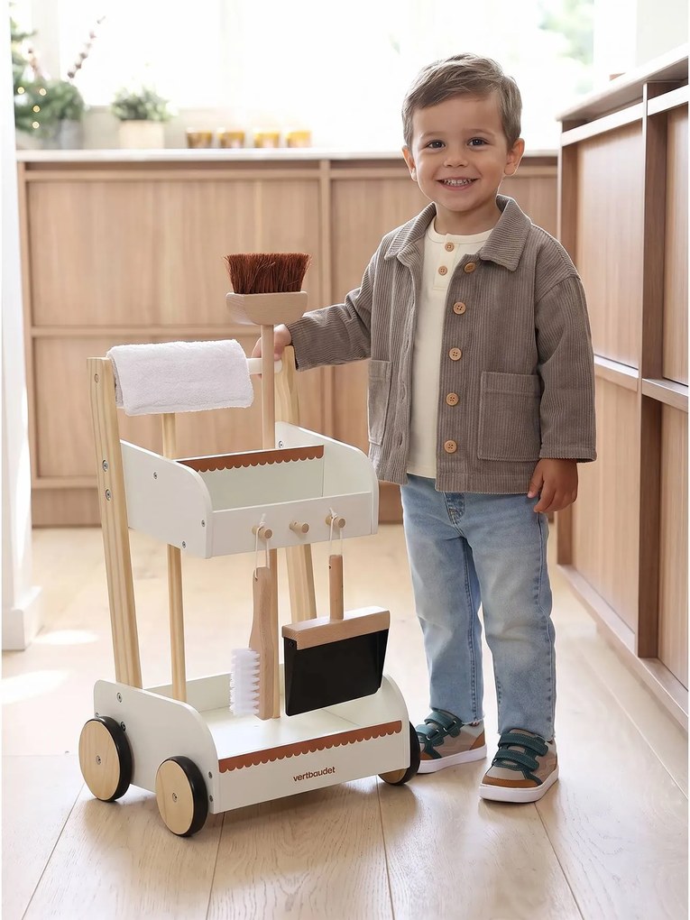 Carrinho de limpeza Montessori, em madeira cru