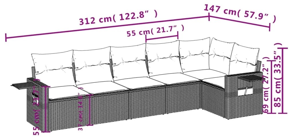 6 pcs conjunto de sofás p/ jardim com almofadões vime PE bege