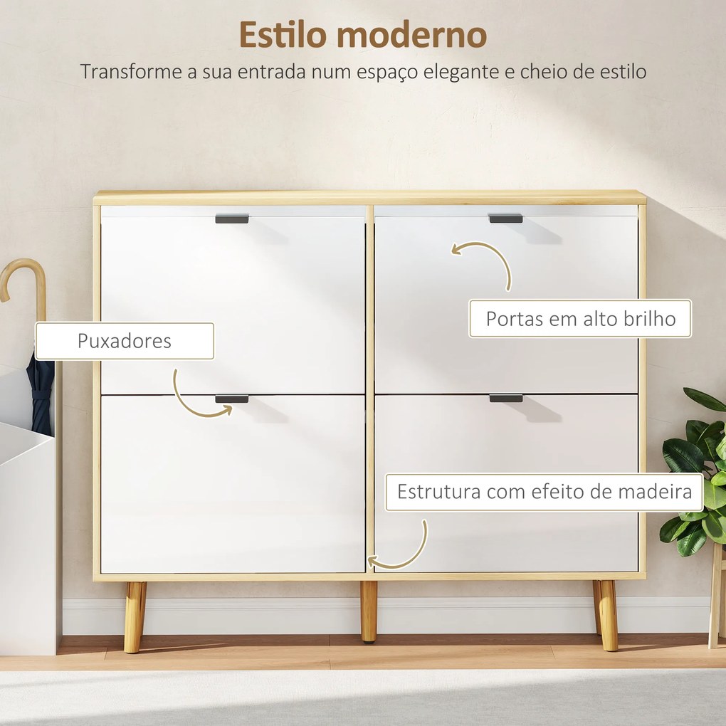 Sapateira Estreita com 4 Portas em Branco Brilho Prateleiras Ajustáveis Pernas de Madeira para 20 Pares de Sapatos 105x24x92,5 cm