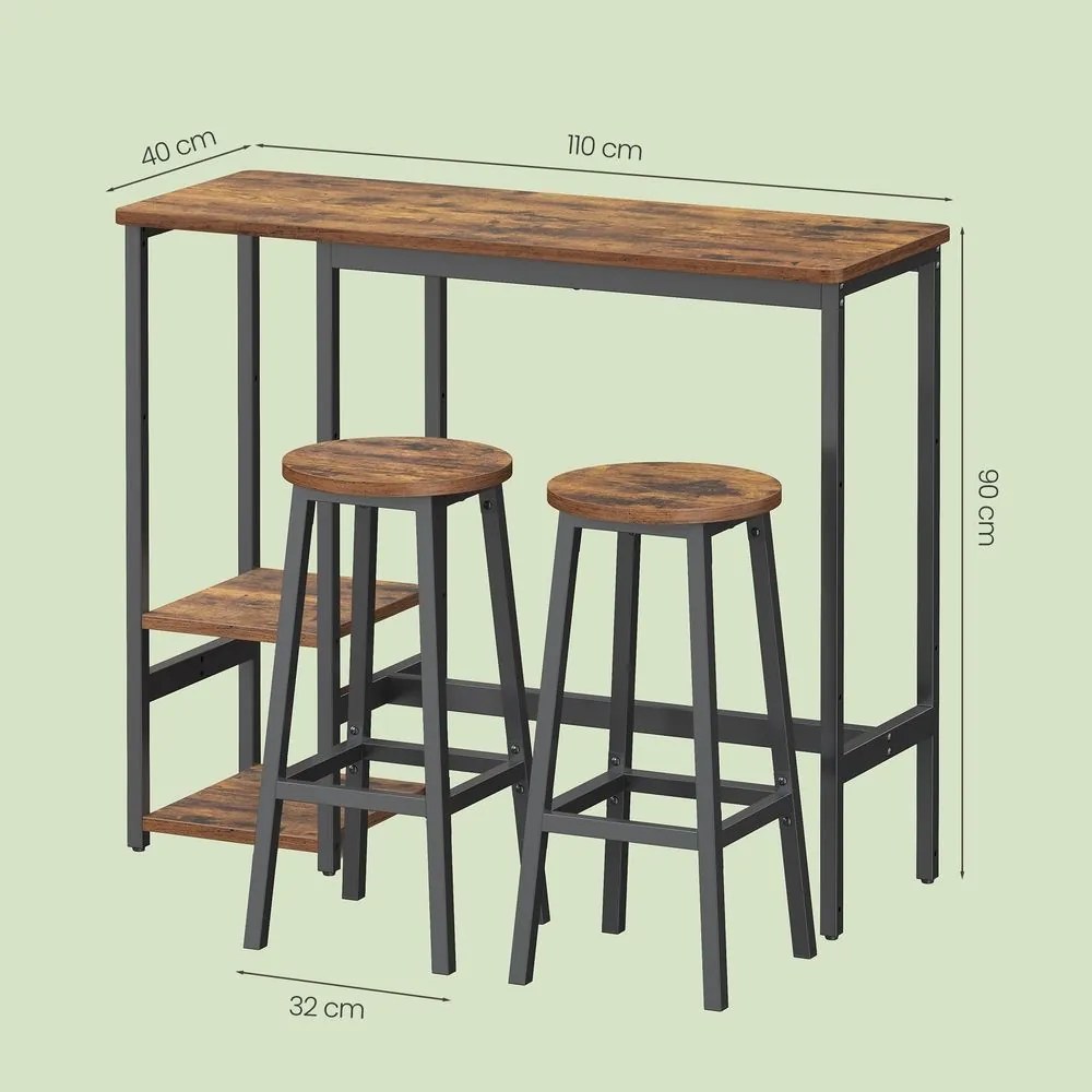 Conjunto de mesa de bar com prateleira, com 2 bancos, estrutura metálica castanho-preto