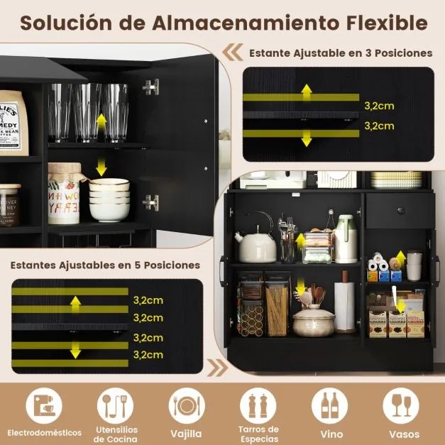 Armário despensa cozinha com 90 x 39 x 167 cm com tomadas elétricas com suporte para copos, gaveta e prateleiras ajustáveis preto