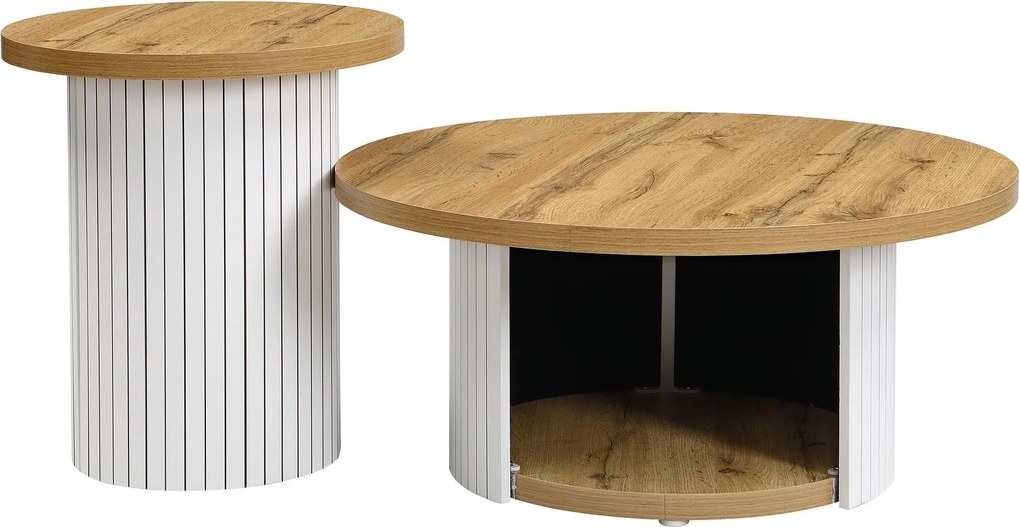 Conjunto de 2 mesas de centro redondas, mesa principal e auxiliar com compartimento de arrumação, 75x75x50/45x45x35 cm, Cor natural