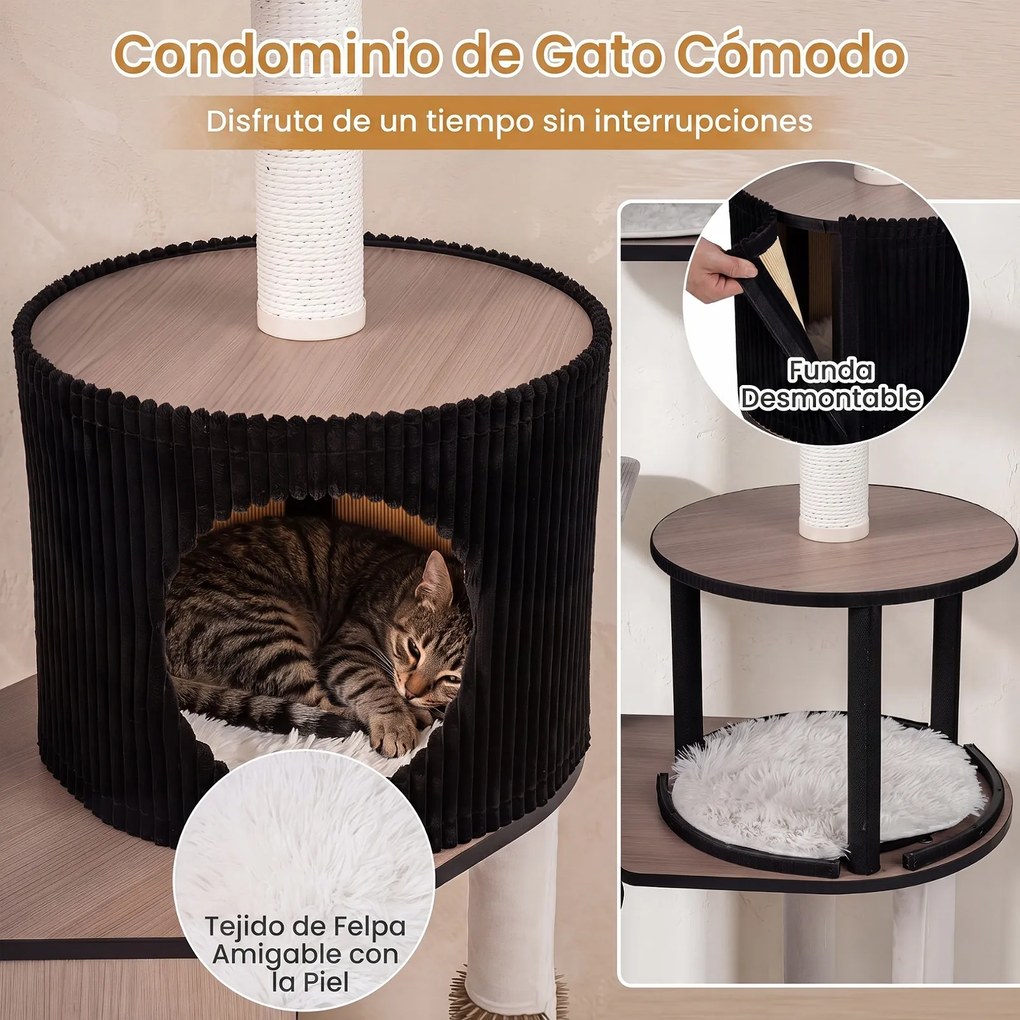 Arranhador para Gatos, 70 x 40 x 155 cm, Multinível com Casinha, Preto+ Branco