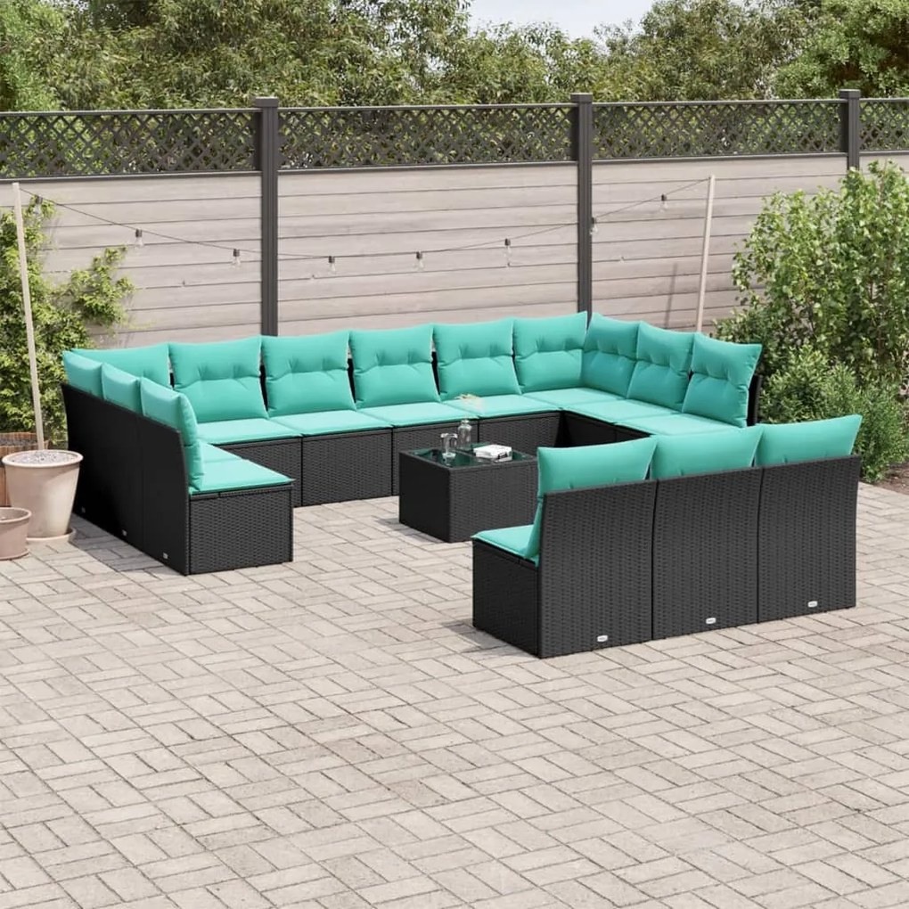 vidaXL 14 pcs conjunto de sofás p/ jardim c/ almofadões vime PE preto