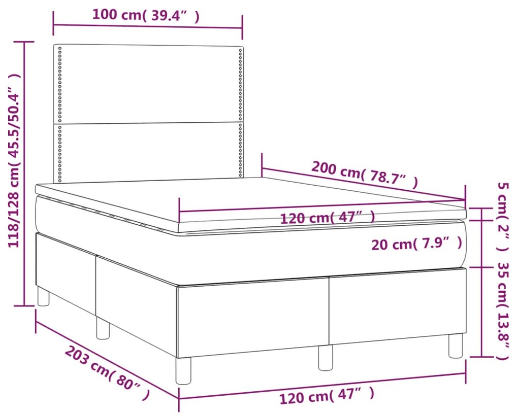 Cama box spring c/ colchão/LED 120x200 cm veludo azul-escuro