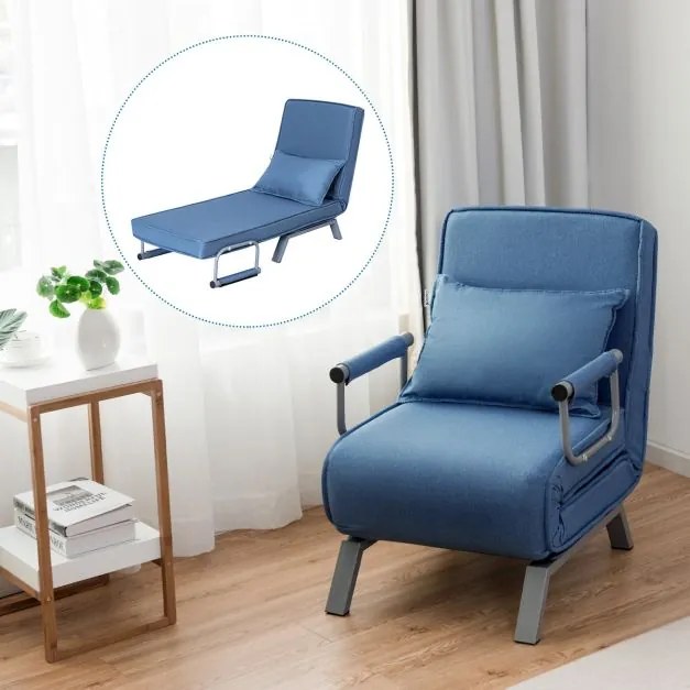 Sofá-cama individual Poltrona dobrável multifuncional com encosto Corrimão Sofá individual para sala de estar Azul