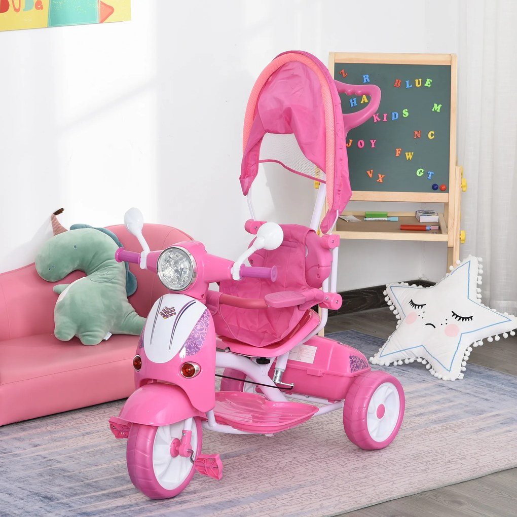 HOMCOM Triciclo para crianças acima de 3 anos Triciclo evolutivo dobrável com funções de luz e música Toldo Forma DE Motocicleta 102x48x96 cm Rosa