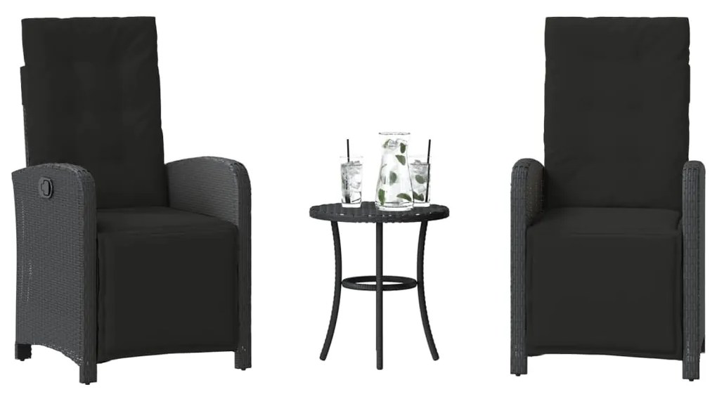 vidaXL 3 pcs conjunto de bistrô com almofadões vime PE preto